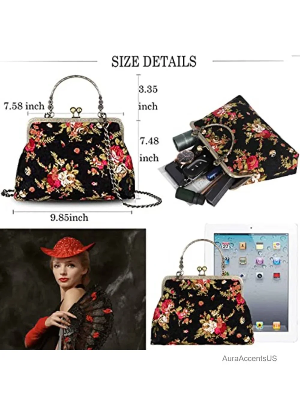 Vintage Floral Kiss Lock Evening Clutch Top Handle Purse for Women